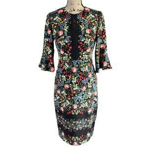 Maggy London Petite Tea Dress Sze 4P Black Floral Keyhole Neck Zip Up Lined Midi